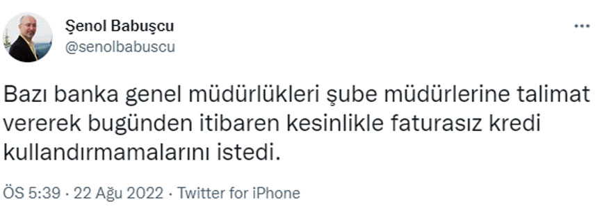 Kredi çekecekler dikkat! Banka müdürlerine verilen talimat 1 Şenol Başbuşçu Kredi Tweeti