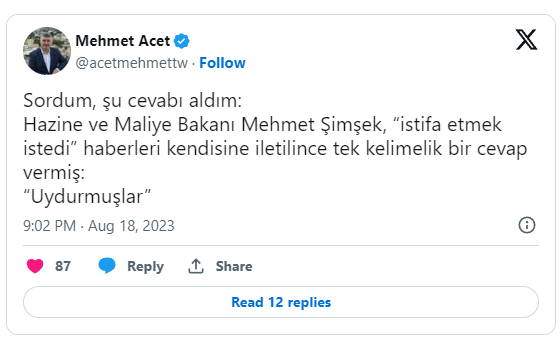 Bakan Mehmet Şimşek'ten İstifa İddialarına Net Cevap: "Uydurmuşlar" 1 Mehmet Acet, Mehmet Şimşek ile ilgili Tweeti
