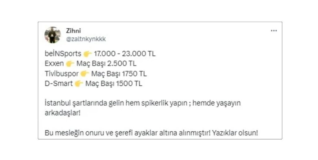 Spor Spikerlerinin Maaş İsyanı: 23 Bin Lira Bile Değil! 1 Zihni Altunkaynak Tweeti
