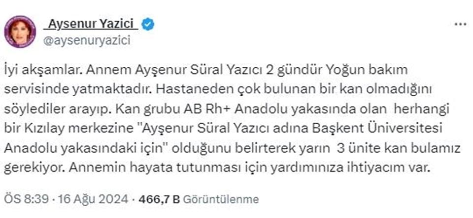 Ayşenur Yazıcı Yoğun Bakımda: Oğlundan Yardım Çağrısı 1 Ayşenur Yazıcı Yoğun Bakımda