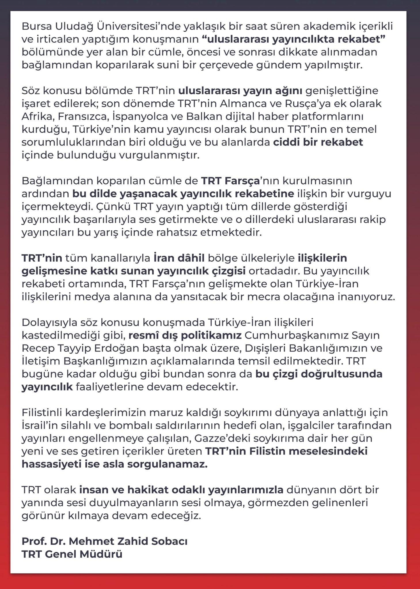 TRT Genel Müdürü Sobacı'nın İran Üzerine Önemli Açıklamaları 1 TRT Genel Müdürü'nden İran Açıklamaları Üzerine Yanıt