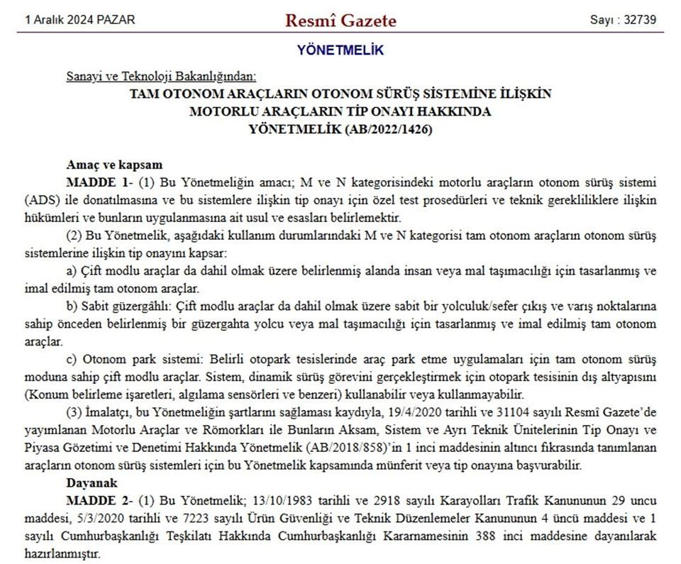 Türkiye'de Otonom Araçlar İçin Yeni Dönem: Yönetmelik Resmi Gazete'de Yayımlandı 1 Otonom Araçların Tip Onayı Yönetmeliği