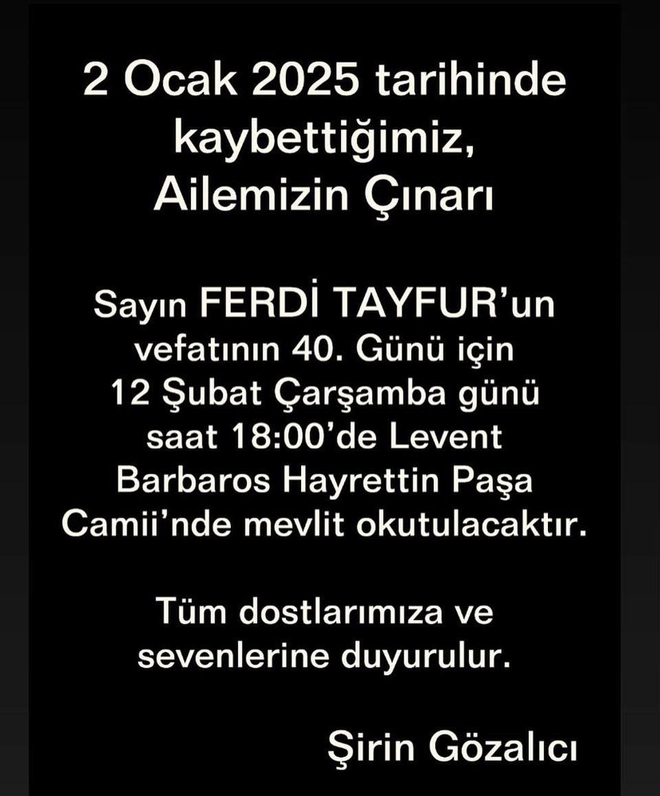Ferdi Tayfur'un Yeğeni Şirin Gözalıcı'dan Duyuru: Vefatının 40. Gününde Anma Töreni Detayları 1 Ferdi Tayfur'un Vefatı ve Anma Etkinliği
