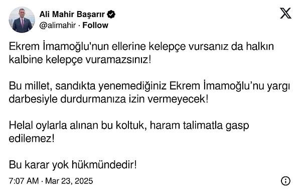 Ekrem İmamoğlu’nun Tutuklanmasına Siyasilerden Tepki Yağdı 3 Ali Mahir Başarır'dan açıklama