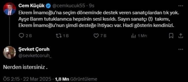 İmamoğlu'na Destek Eylemleri Sürüyor: Sanatçılar Sessiz mi? Cem Küçük’ten Tepki, Şevket Çoruh’tan Sert Yanıt 1 İmamoğlu'na Destek Eylemleri Sürüyor: Sanatçılar Sessiz mi? Cem Küçük’ten Tepki, Şevket Çoruh’tan Sert Yanıt