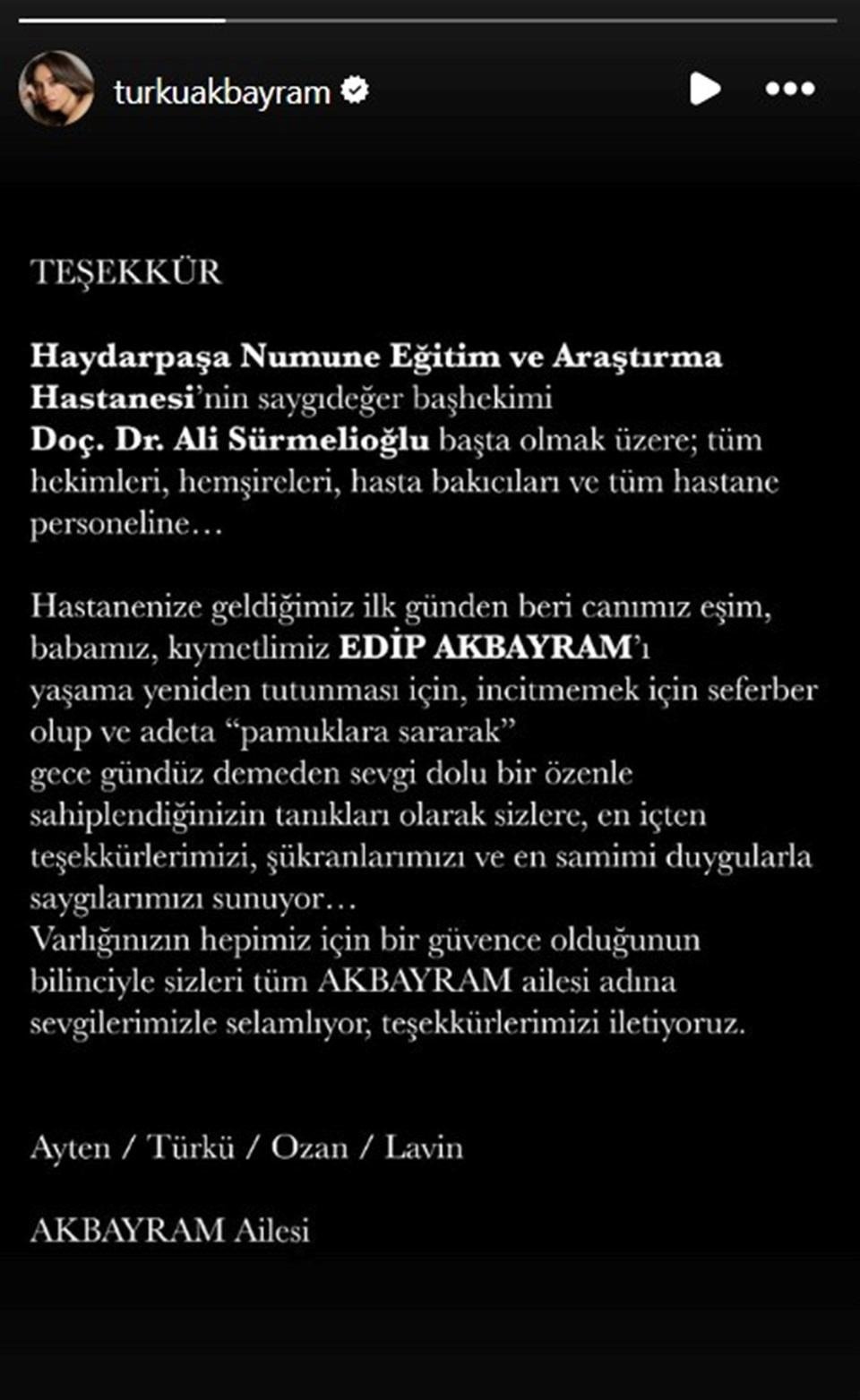 Türkü Akbayram, Edip Akbayram'ın kızı olarak hastane ekibine teşekkürlerini iletti 1 Edip Akbayram'ın Vefatı ve Veda Töreni