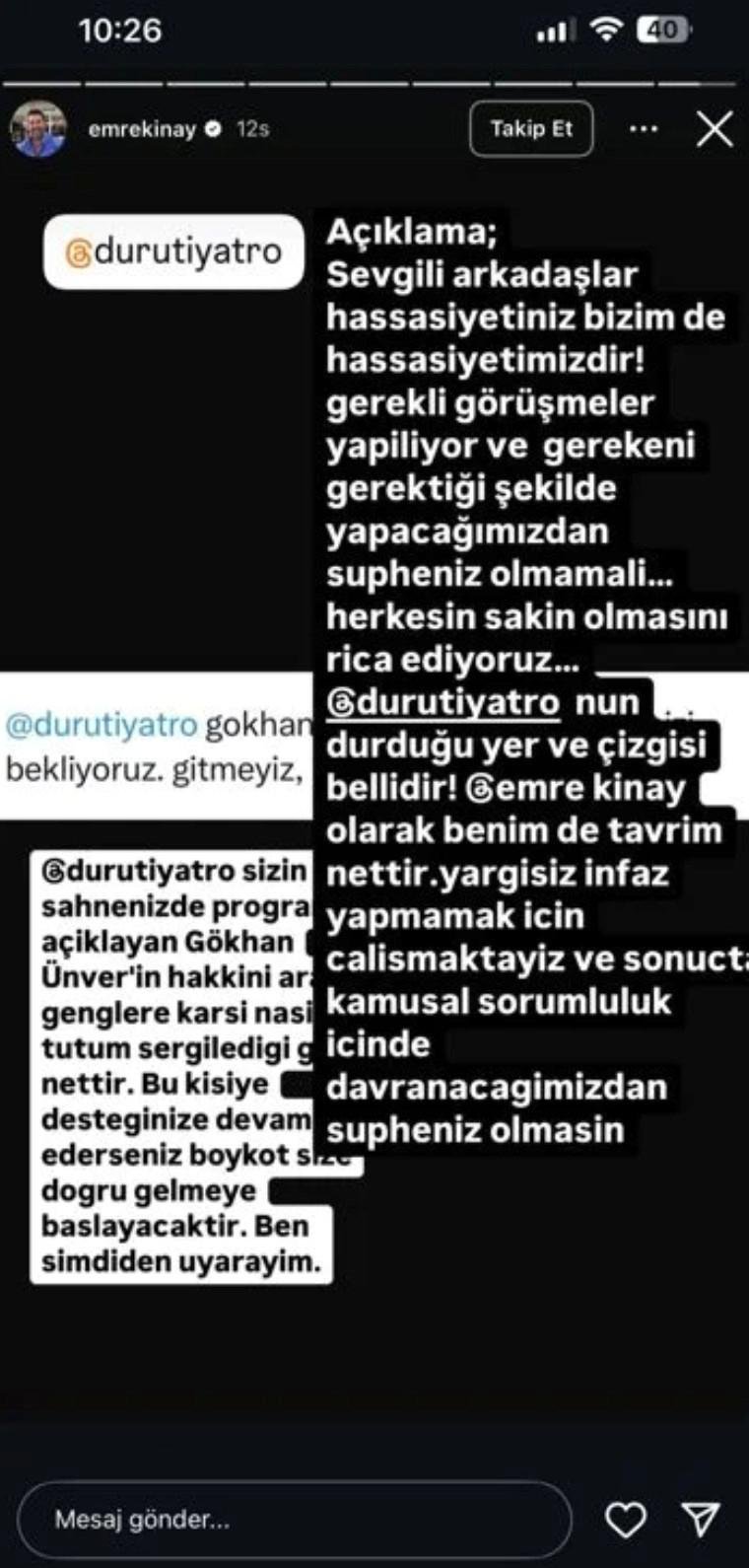 Emre Kınay’dan Gökhan Ünver açıklaması: Duru Tiyatro'nun çizgisi bellidir 1 Emre Kınay’dan Gökhan Ünver açıklaması: Duru Tiyatro'nun çizgisi bellidir