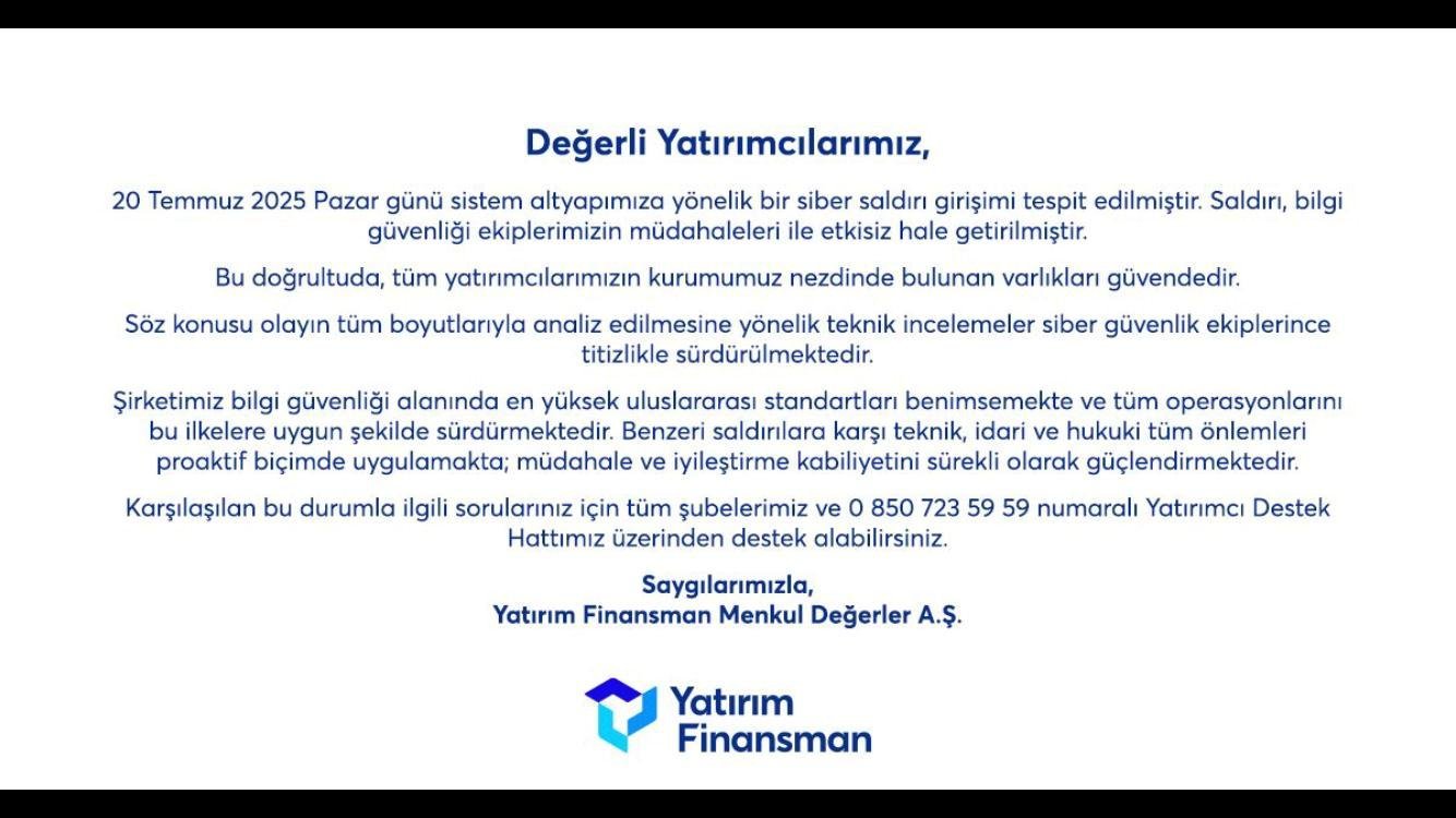 Yatırım Finansman siber saldırıyı savuşturdu, yatırımcı varlıkları güvende 1 Yatırım Finansman siber saldırıyı savuşturdu, yatırımcı varlıkları güvende